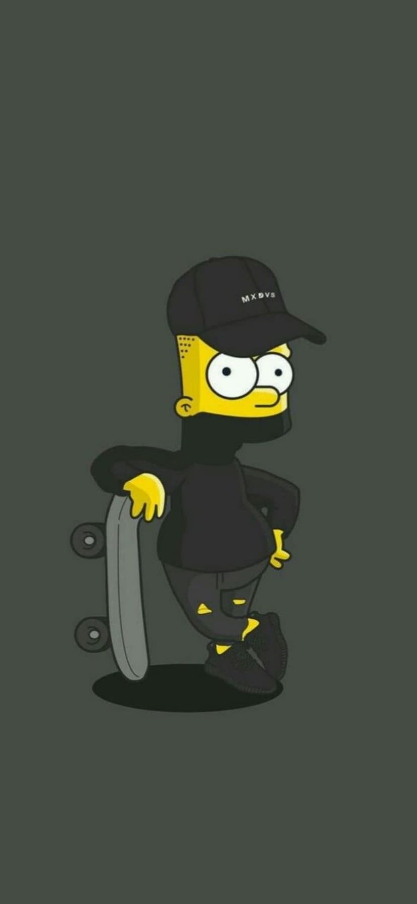 Bart Simpson wearing a black beanie and turtleneck leans against a skateboard in an urban setting.