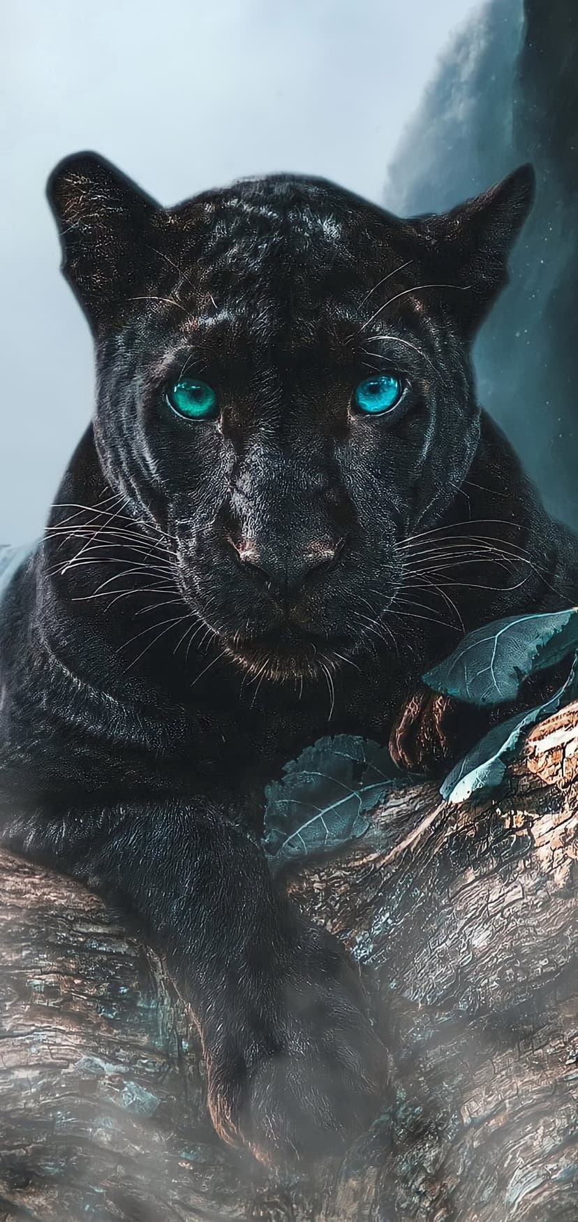 Black panther with glowing blue eyes rests on a thick tree branch amidst a dark and misty forest landscape.