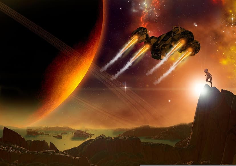Silhouette of a person on a jagged cliff watching a spaceship navigate toward a massive ringed planet in space.