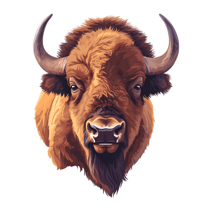 Bison head portrait shows shaggy brown fur and curved horns against a dark background with realistic lighting.