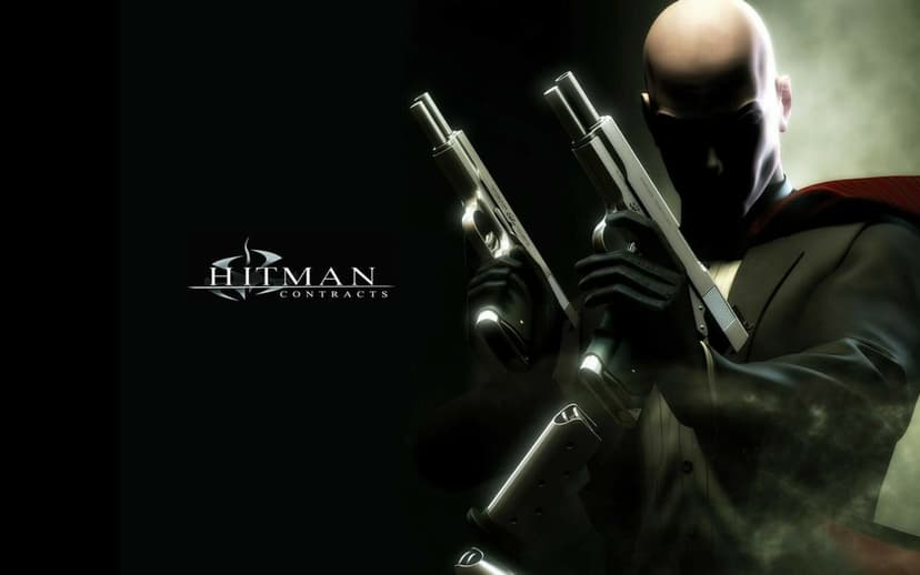 Agent 47 holds dual chrome pistols in shadow with green mist and the Hitman Contracts logo on a dark background.