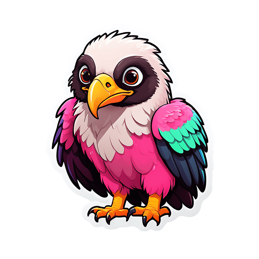 Vulture sticker illustration with bright pink plumage, teal wings, and a glossy finish against a black background.