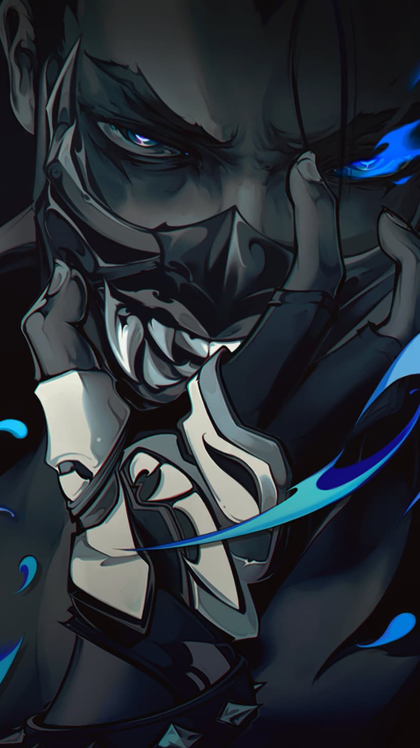 Masked anime character with glowing blue eyes and sharp teeth surrounded by swirling cyan energy trails.