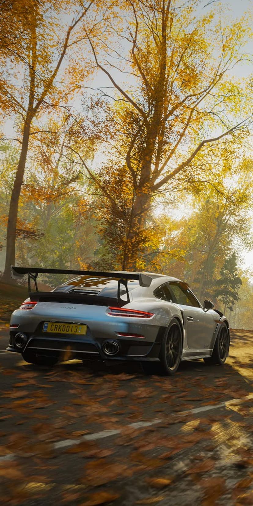 Silver Porsche GT2 RS racing on a forest road lined with orange autumn trees in a vertical perspective.