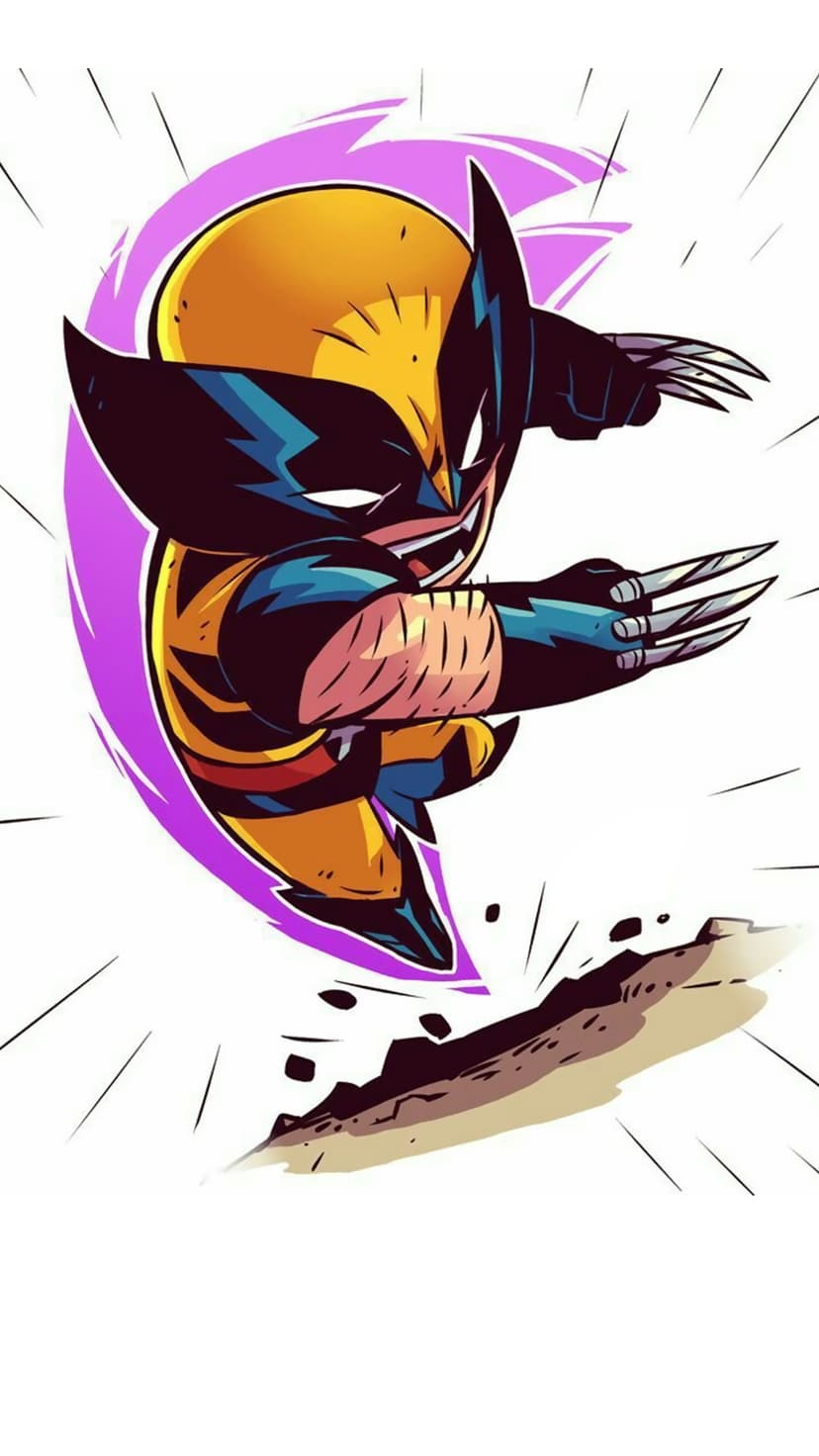 Chibi Wolverine in yellow costume leaps forward with silver claws extended amidst flying rocks and energy.