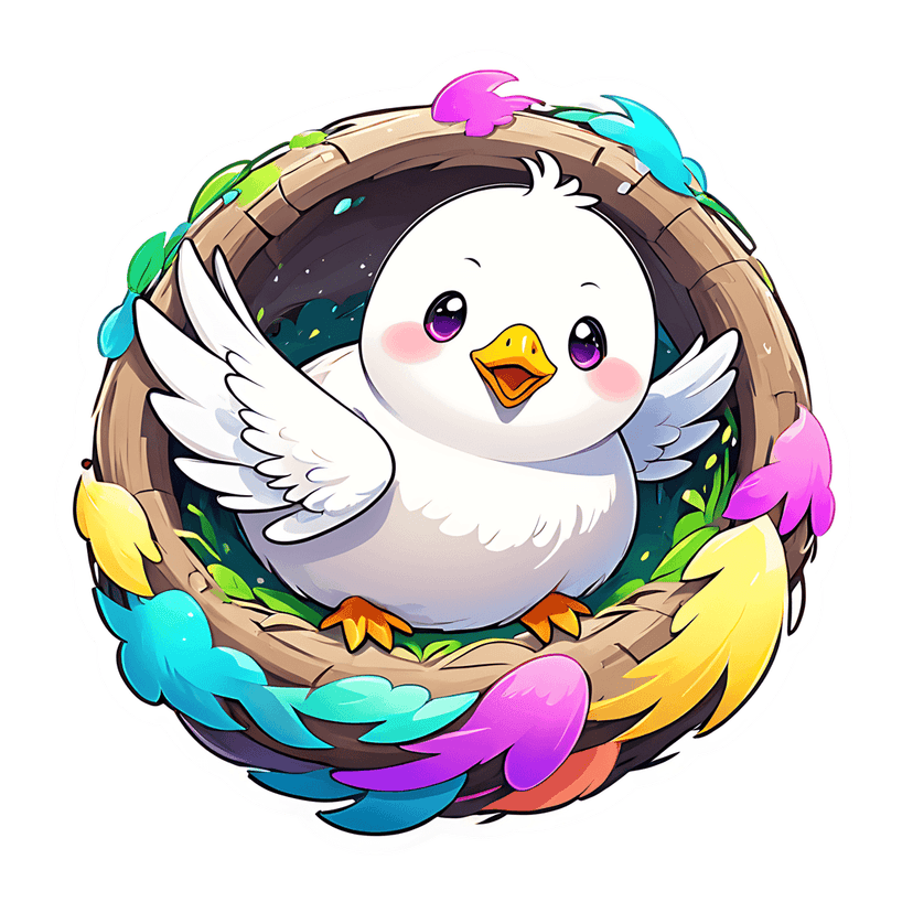 White chick sticker illustration inside a wooden ring with colorful feathers, purple eyes, and orange beak.