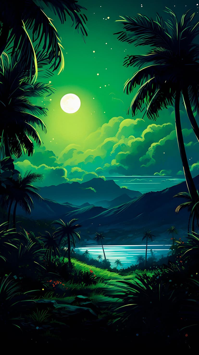 Full moon shining over palm silhouettes, rugged mountains, and a calm sea under a starry teal night sky.