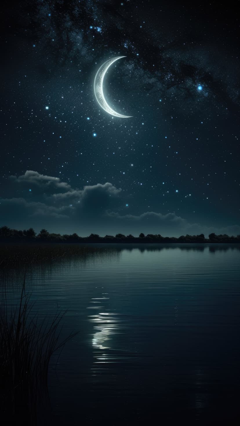 Crescent moon and stars reflect in a rippling lake at night with tall grasses and a dark forest horizon.