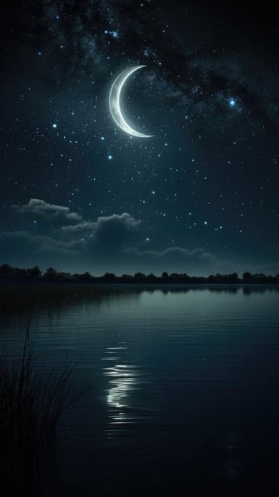 Crescent Moon Over Starry Night Sky Reflecting in Lake