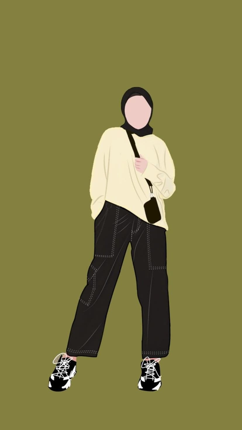 Woman in a black hijab and cream sweater wears black trousers and sneakers against a muted green background.