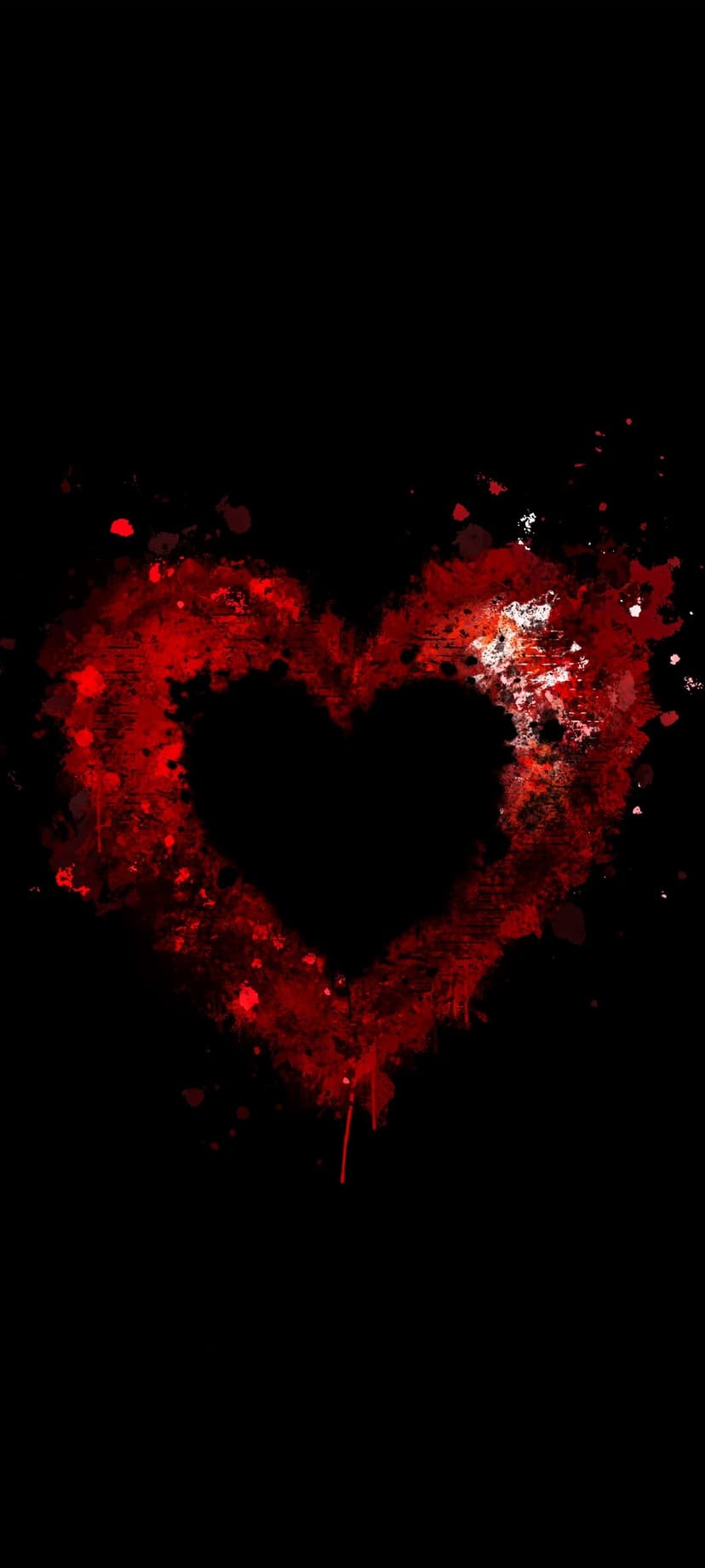 Vibrant red paint splatters and textured brushstrokes forming a stylized heart against a deep black background.