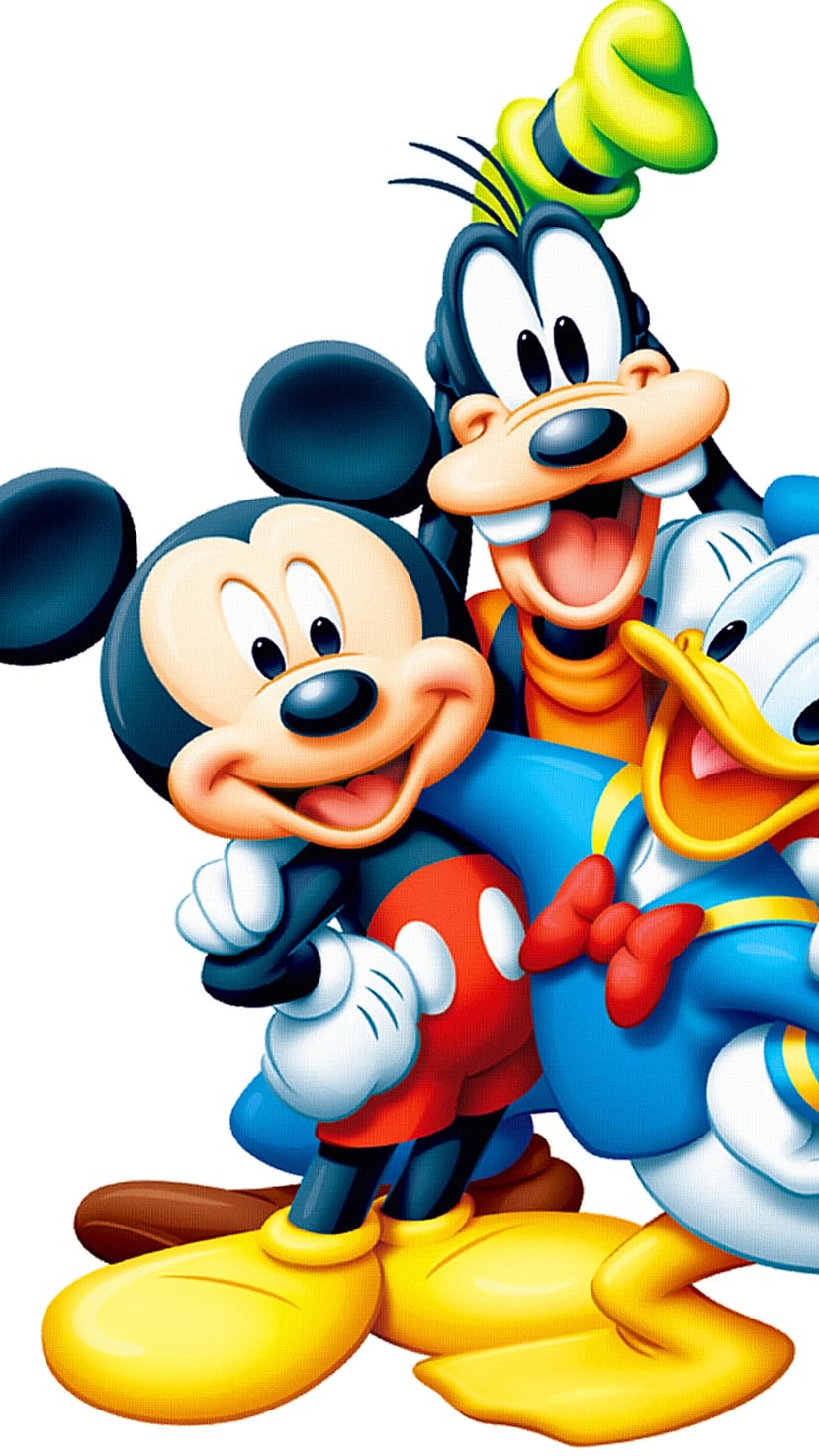 Mickey Mouse in red shorts, Donald Duck in a blue suit, and Goofy in a green hat pose together smiling cheerfully.