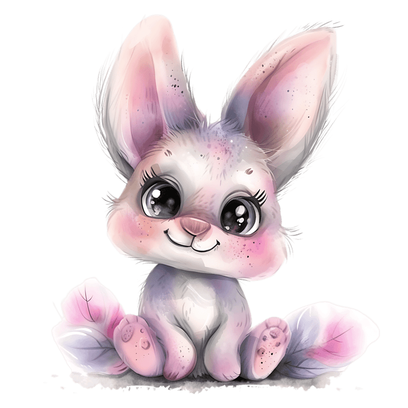 Bunny rabbit watercolor illustration with pink ears, large eyes, and fluffy fur sitting on a transparent base.