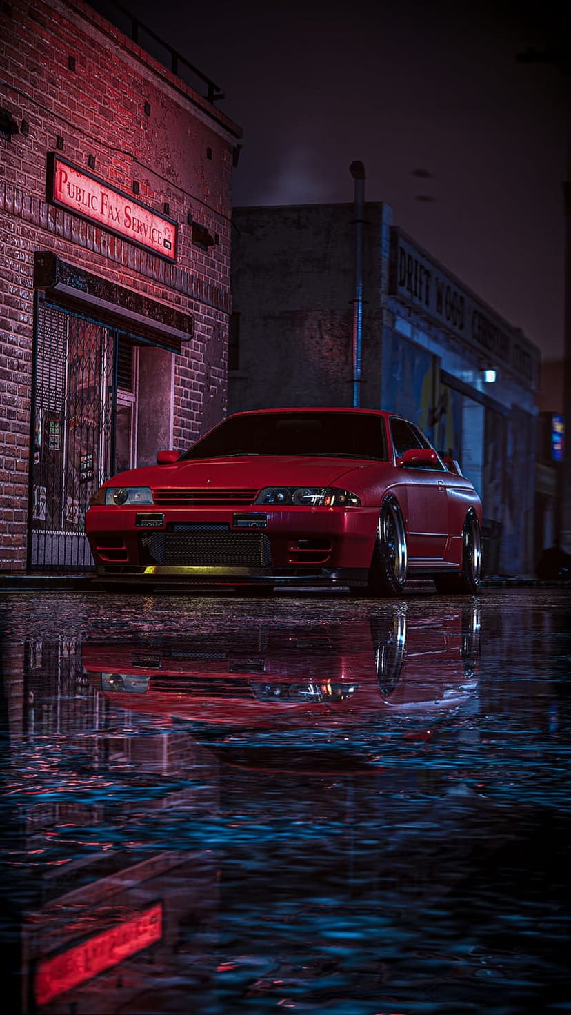 Red Nissan Skyline GT-R R32 parked in a dark rainy alley with neon signs reflecting on the wet pavement surface.