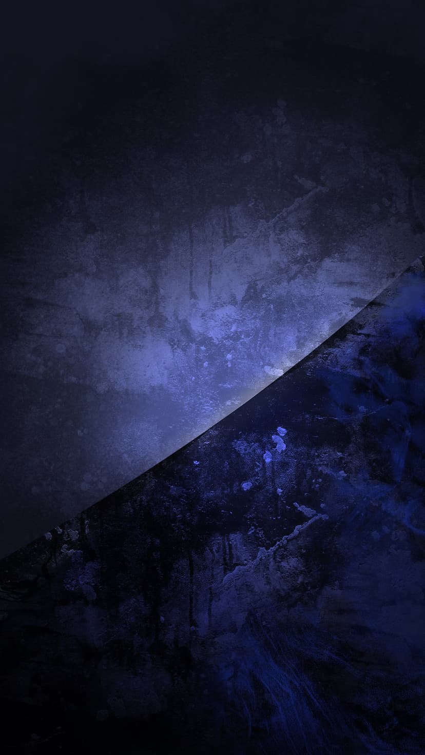 Dark navy grunge texture bisected by a sharp diagonal line with lighter blue splatters and weathered details.