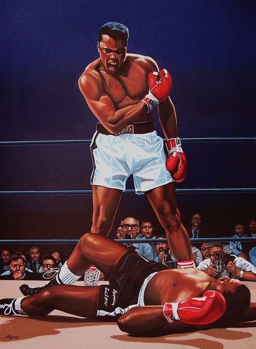 Muhammad Ali stands over Sonny Liston with arms raised while shouting in a brightly lit boxing ring at night.