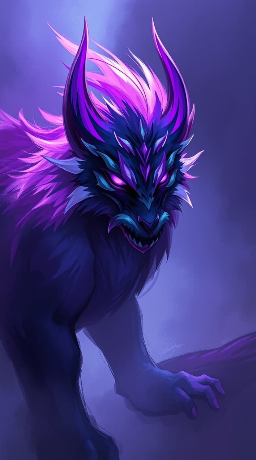 Horned spirit wolf with radiant purple eyes and dark fur emerges from a misty blue and violet atmosphere.