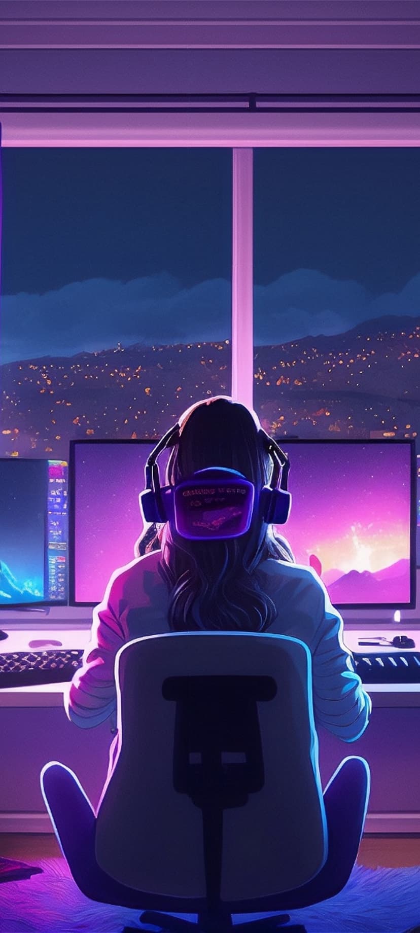 Young woman with headphones sits in a neon gaming room overlooking a hazy cityscape under a dark cloudy sky.