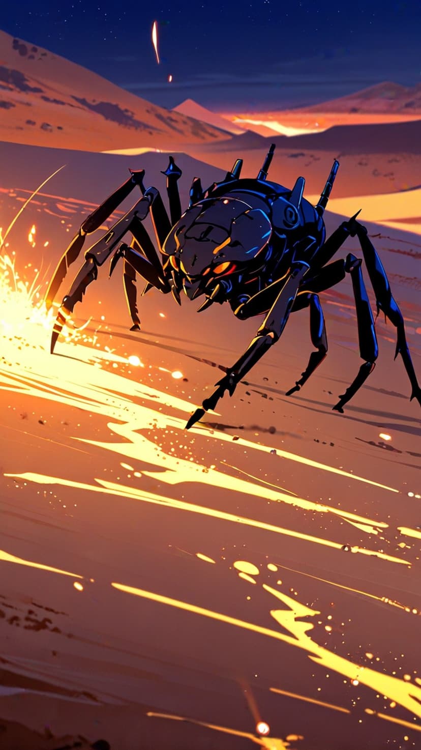 Mechanical spider with glowing red eyes walks on desert sand amid sparks under a blue and orange sunset sky.
