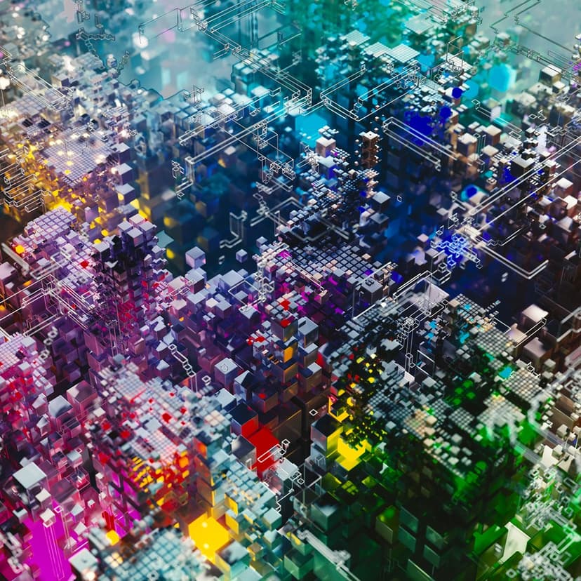 Interconnected neon cubes and glowing circuit lines form a colorful 3D geometric grid with soft depth of field.