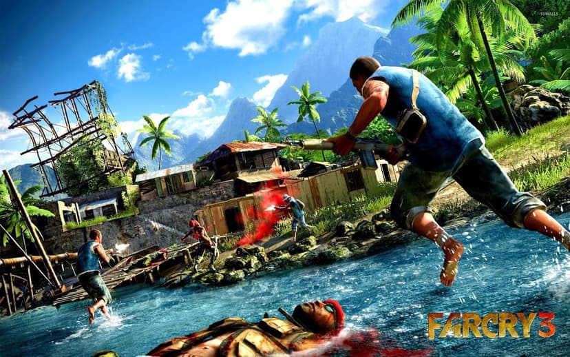A soldier jumps into blue water during a jungle firefight on a tropical island with palm trees and mountains.