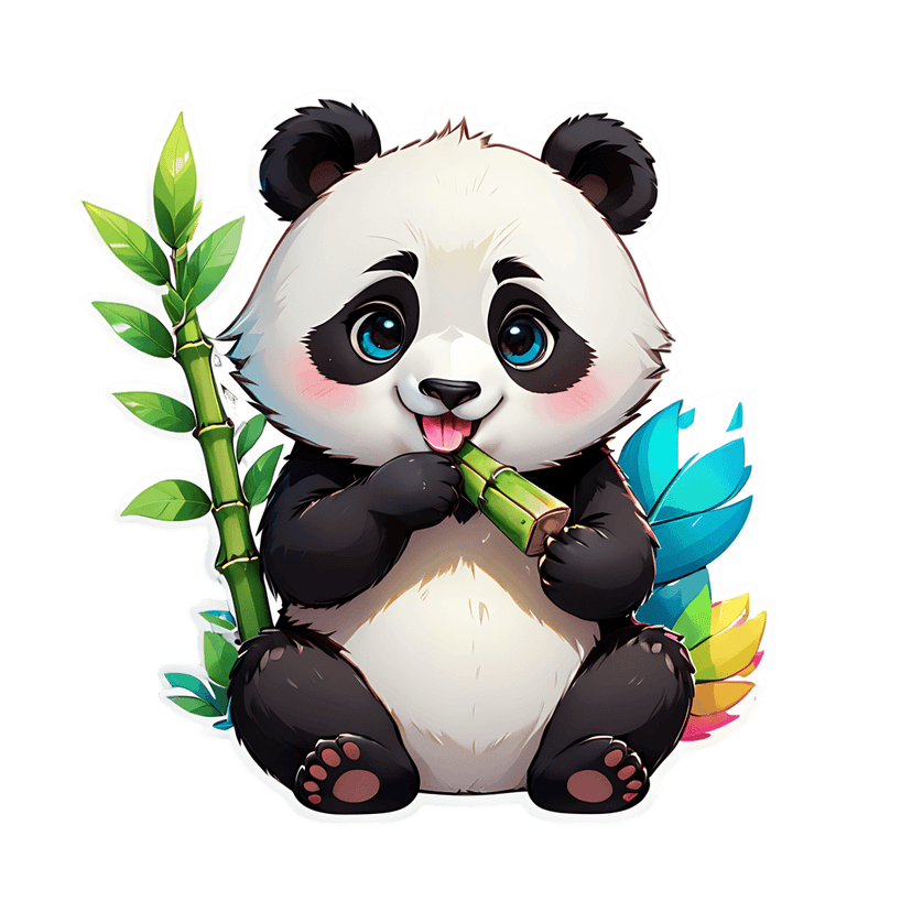 Panda sticker illustration eating green bamboo with blue eyes and white outlines against abstract foliage.