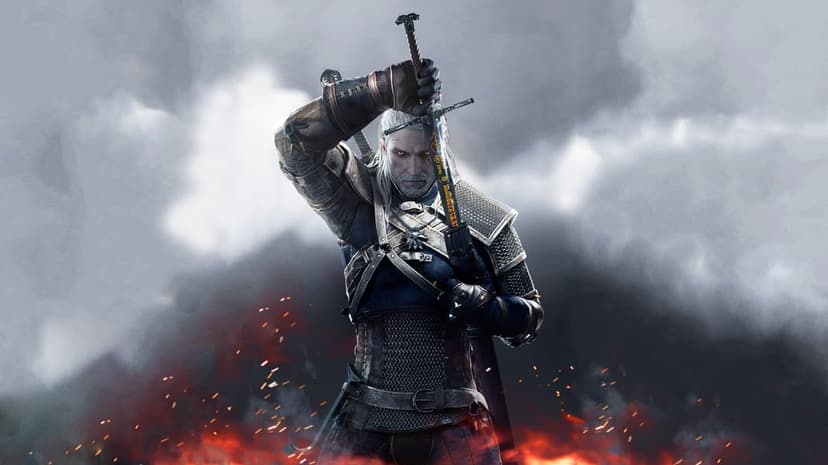 Geralt of Rivia draws a glowing silver sword against a dark smoky background with flying orange fire embers.