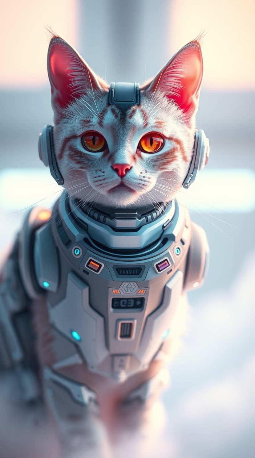 Ginger tabby cat wearing a high-tech astronaut helmet and glowing cybernetic armor with intense orange eyes.