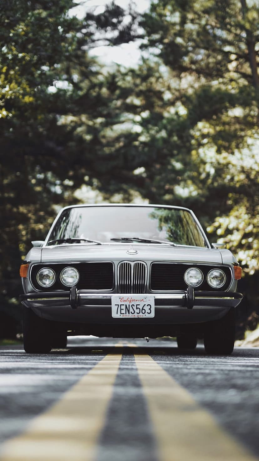 Silver vintage BMW coupe with round headlights parked on a two-lane road surrounded by dense green forest trees.