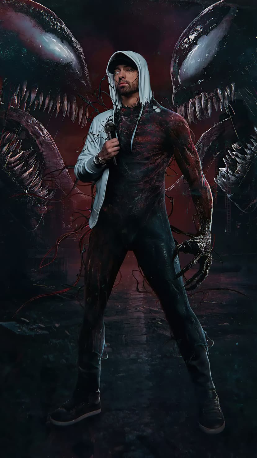 Eminem in a white hoodie partially transformed into Venom holds a microphone amidst red and black tendrils.