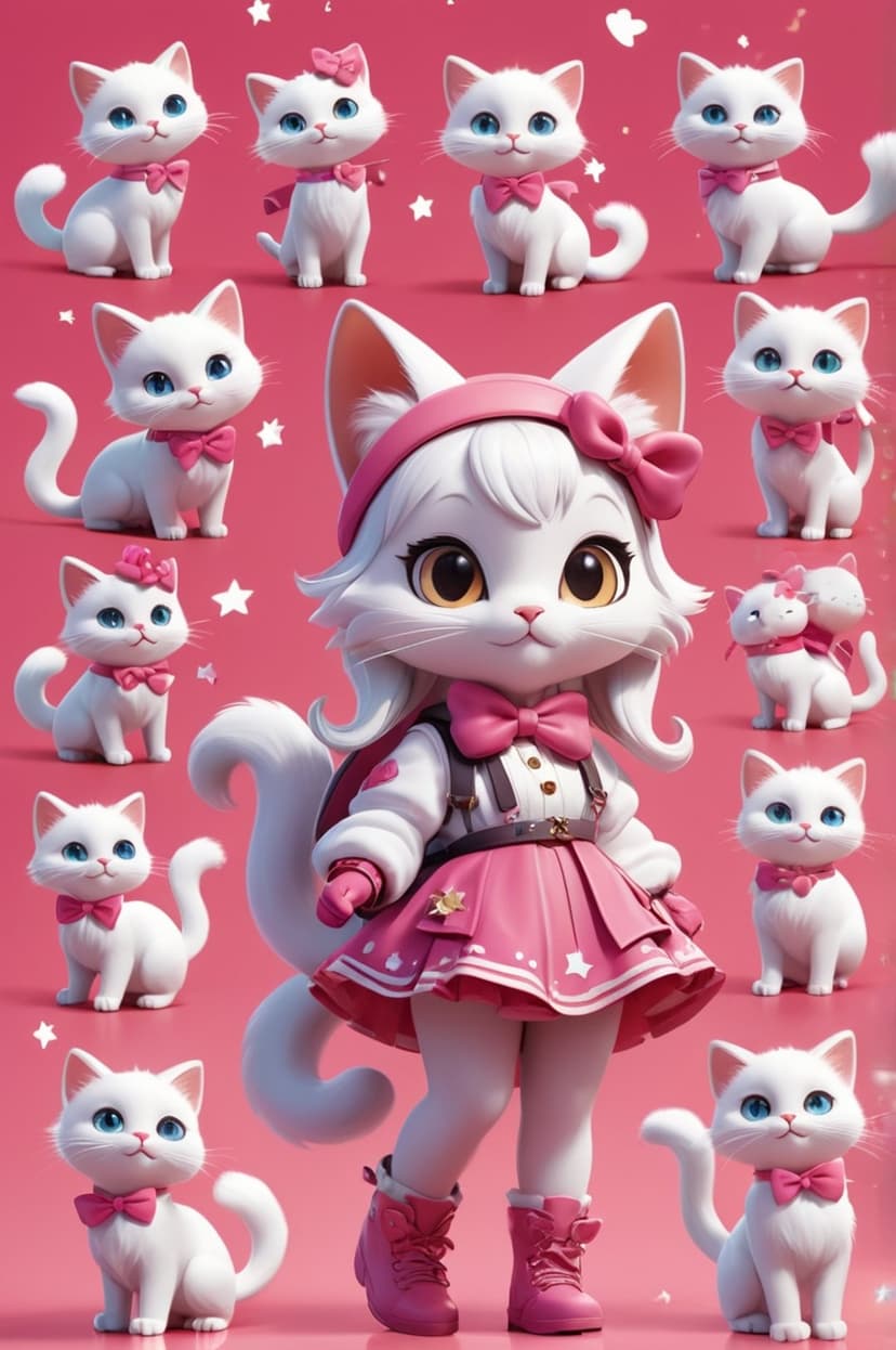 White kittens wearing pink bows pose against a bright pink background in a whimsical vertical composition.