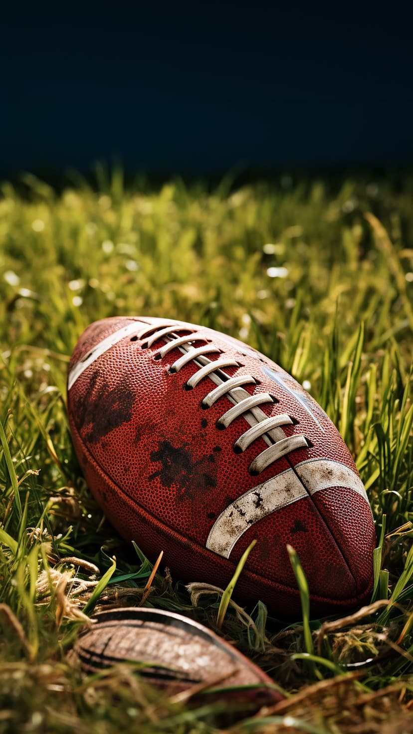 American football with worn laces rests on vibrant green grass blades under a dark, blurred sky at golden hour.