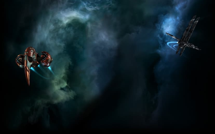 Two futuristic spacecraft with blue glowing trails fly through a dark teal and green cosmic nebula.