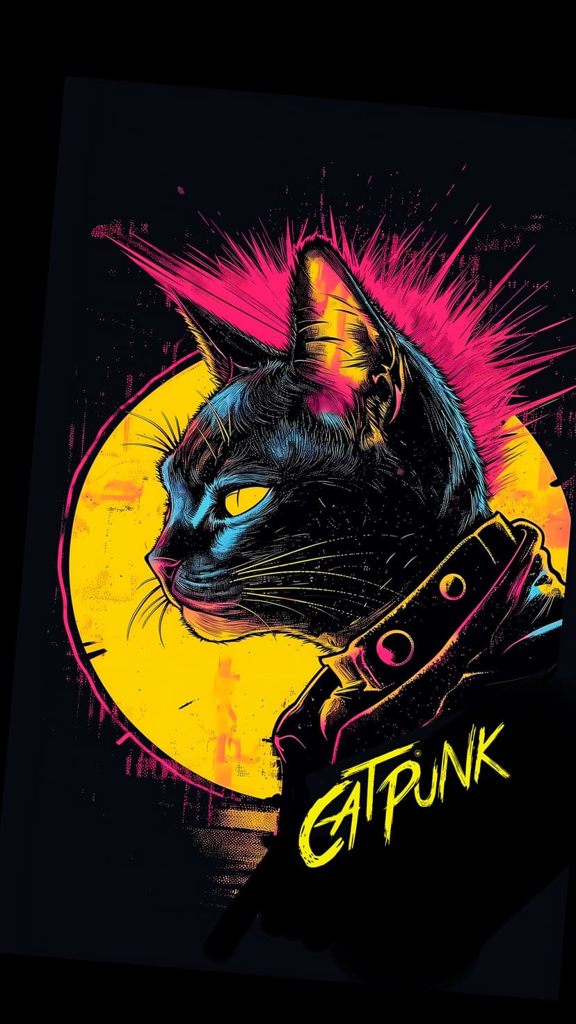 Black cat with a pink mohawk and glowing yellow eyes sits before a yellow circle with Catpunk neon text.