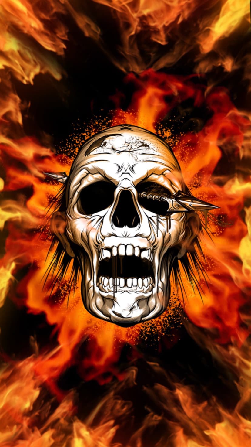 Human skull engulfed in orange fire with a wooden arrow through the left eye socket against a black background.