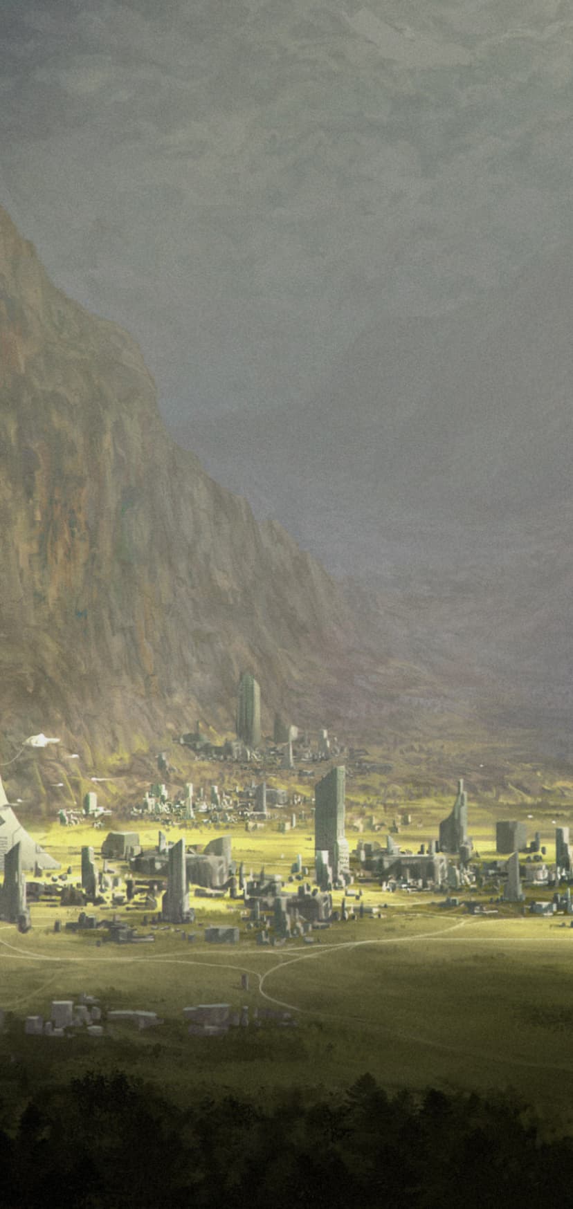 Futuristic skyscrapers with glowing windows sit at the base of a dark cliff under a cloudy, atmospheric sky.