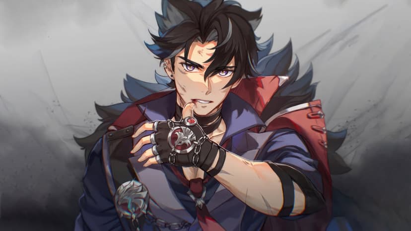 Wriothesley character from Genshin Impact stands in a dynamic combat pose featuring detailed fur-lined coat and gauntlets.