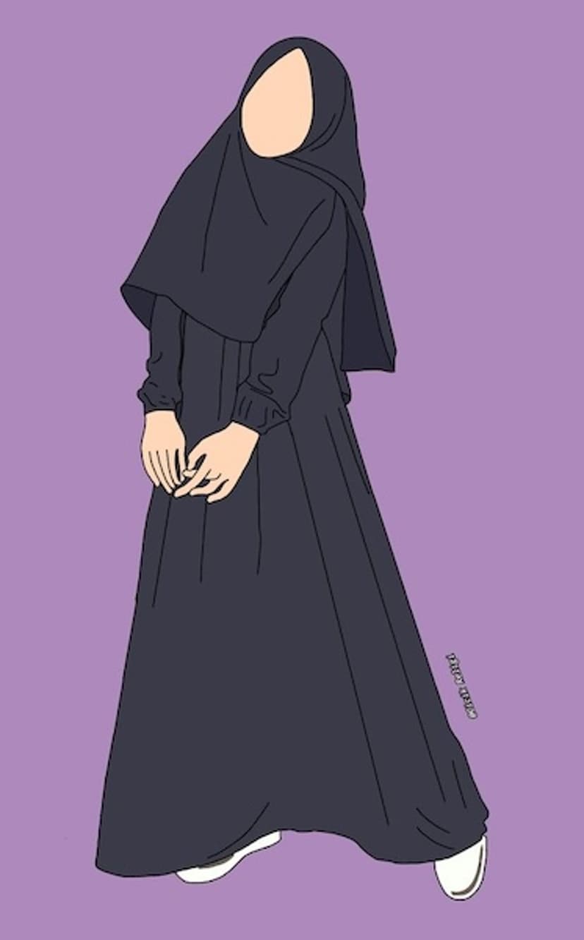 Faceless woman in a flowing black hijab and long dress with clasped hands against a solid purple backdrop.