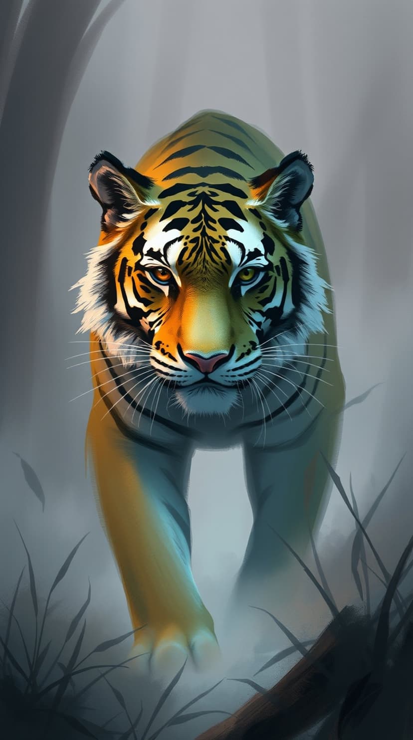 Tiger with orange fur and black stripes walks through a misty forest with intense eyes staring forward.