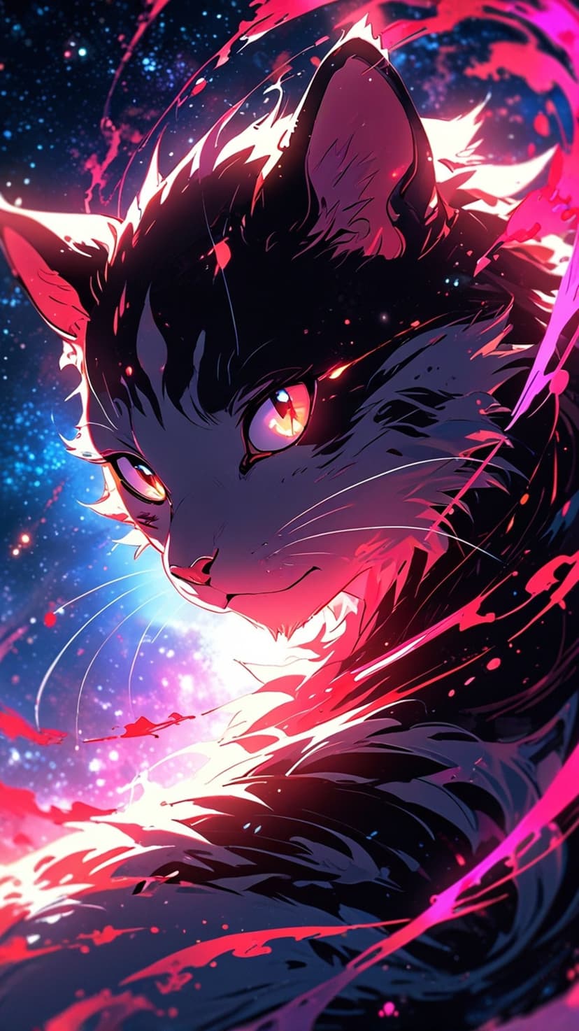 Cat with glowing red eyes surrounded by swirling pink and red cosmic energy streaks in a vertical portrait.