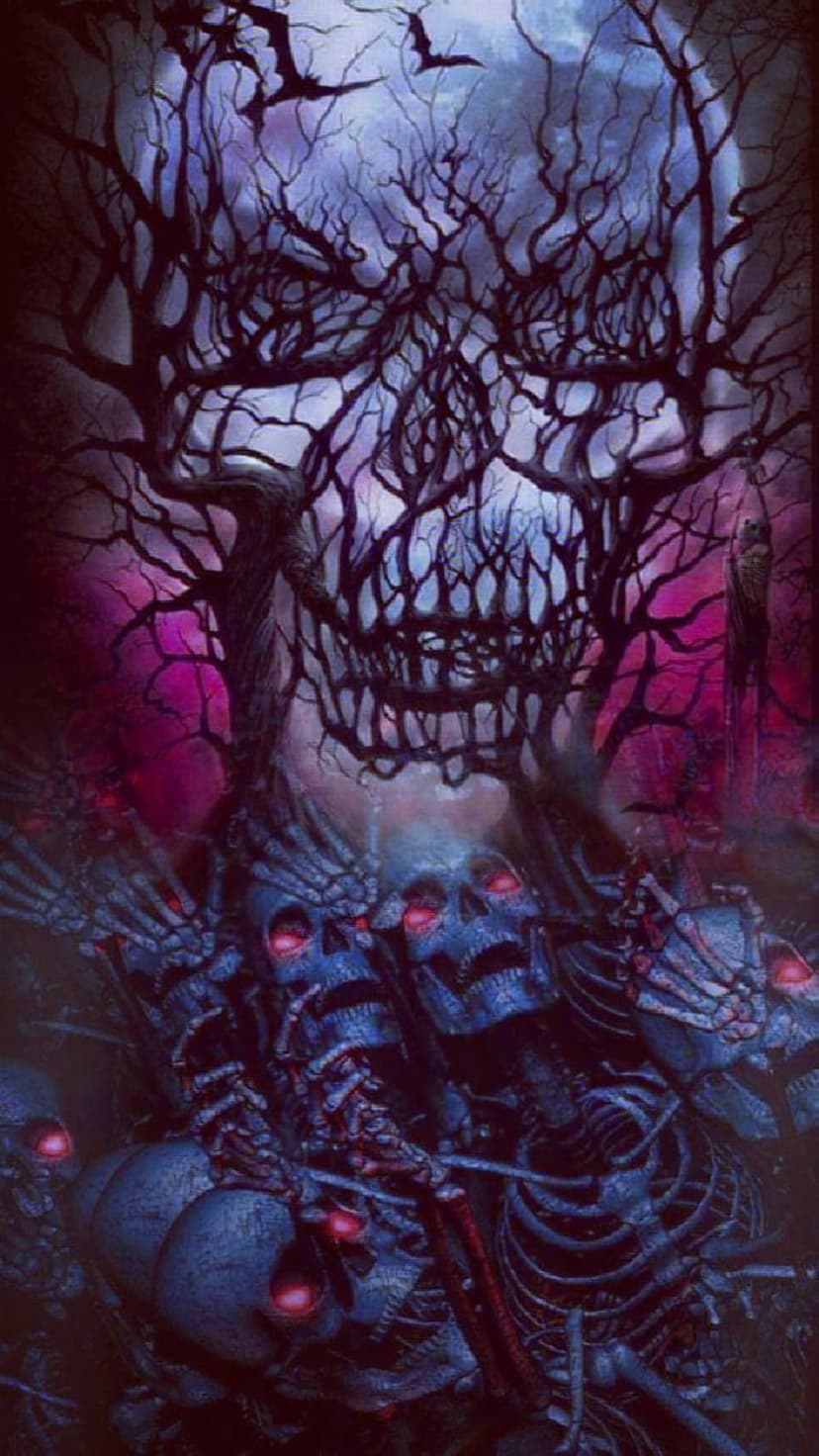 Skull-shaped tree silhouette against a full moon with glowing-eyed skeletons and flying bats at the base.