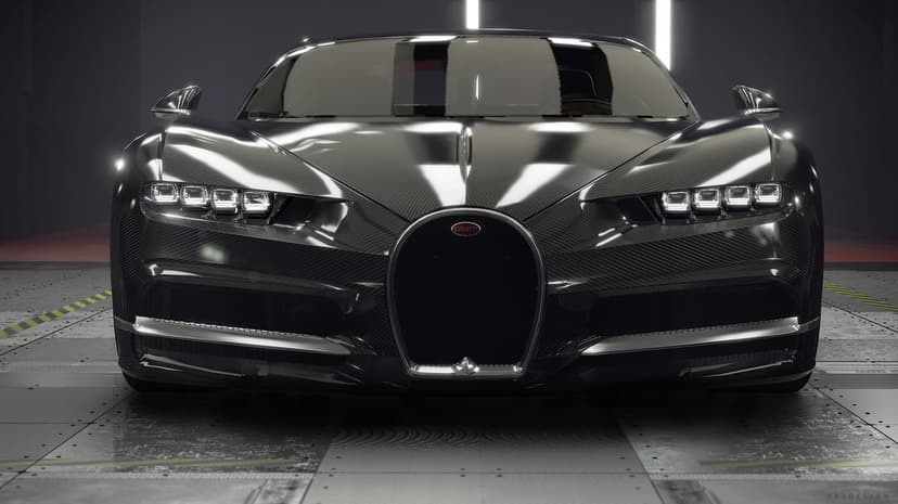 Front view of a black carbon fiber Bugatti Chiron hypercar with glowing LED headlights in a modern studio.