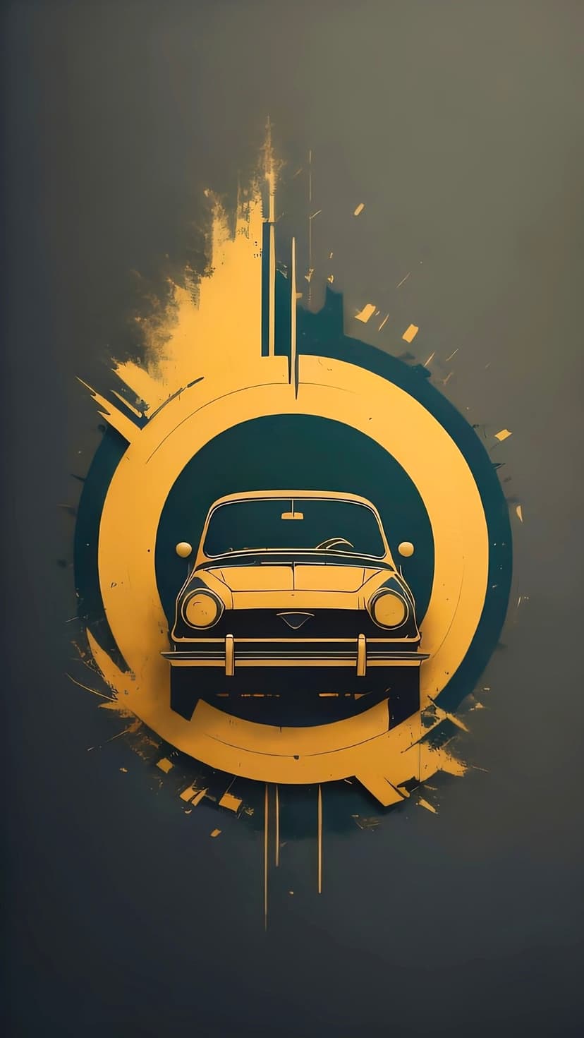 Vintage car silhouette centered in a glowing gold circle with yellow and teal paint splatters on dark gray.