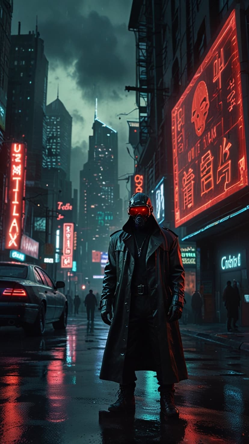 Masked figure in a long coat stands in a rainy neon alley with glowing Japanese signs and wet reflections.