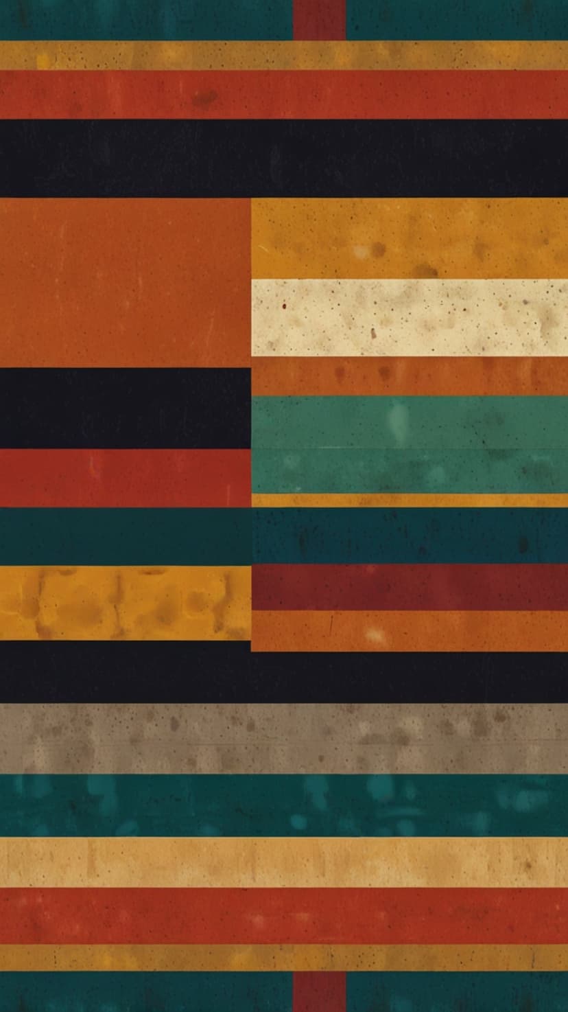 Interlocking horizontal and vertical bands of mustard yellow and navy blue feature a weathered, grainy texture.