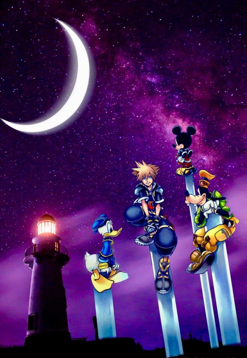 Sora, Donald Duck, Goofy, and Mickey Mouse sitting on pillars under a purple galaxy sky and crescent moon.