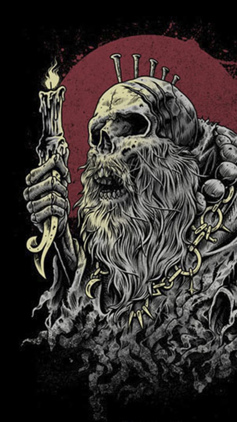Weathered skull with a long beard and spiked chain holds a burning candle against a large red moon backdrop.