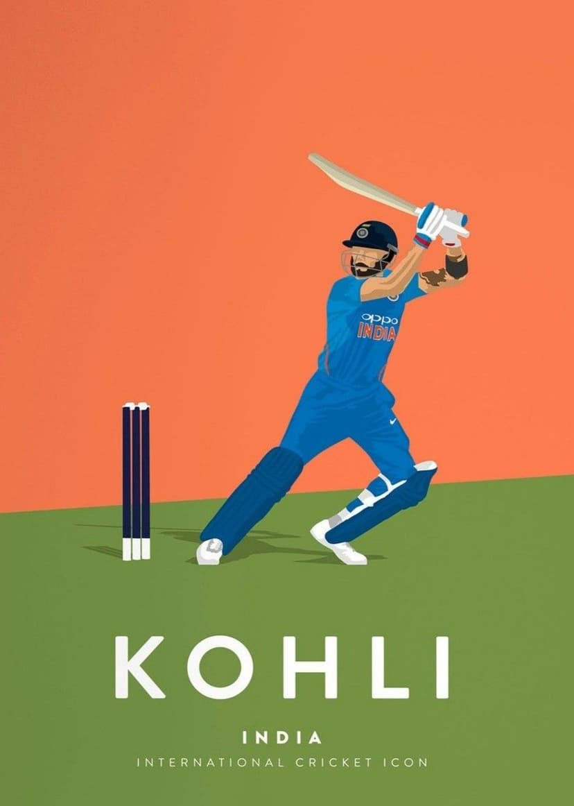 Virat Kohli wearing a blue jersey holds a cricket bat in a batting pose against a green and orange backdrop.