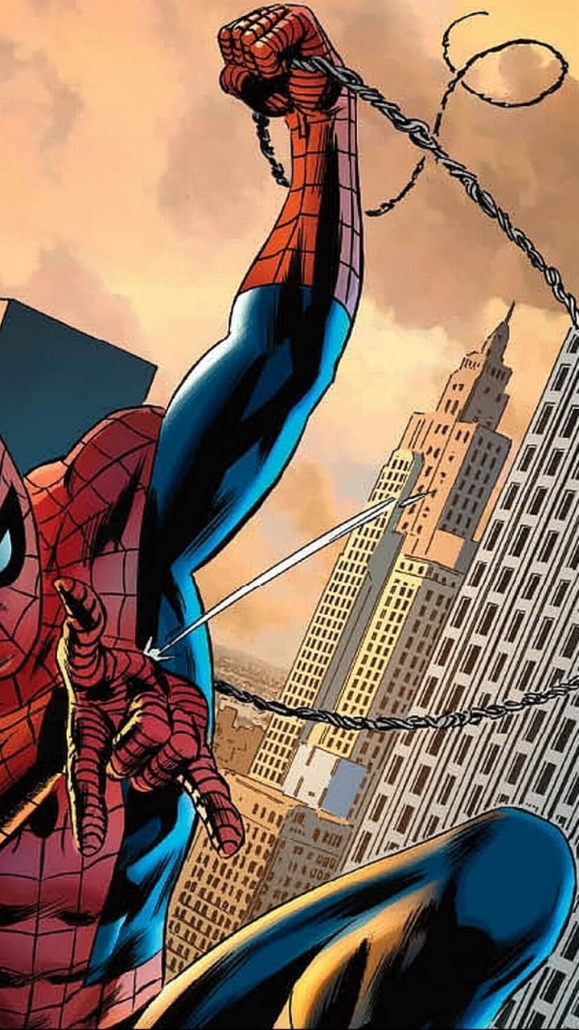 Spider-Man extends a web line while swinging between NYC skyscrapers against a vibrant orange sunset backdrop.
