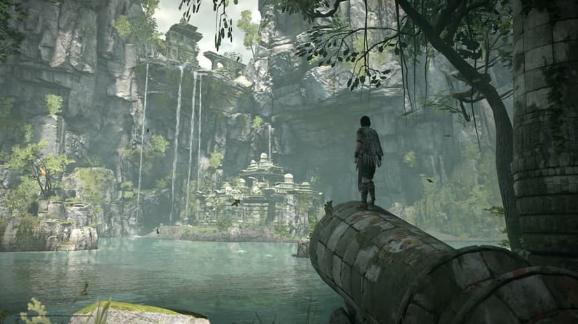 Character on a stone pillar looking at ancient ruins, waterfalls, and a lake surrounded by high cliffs.